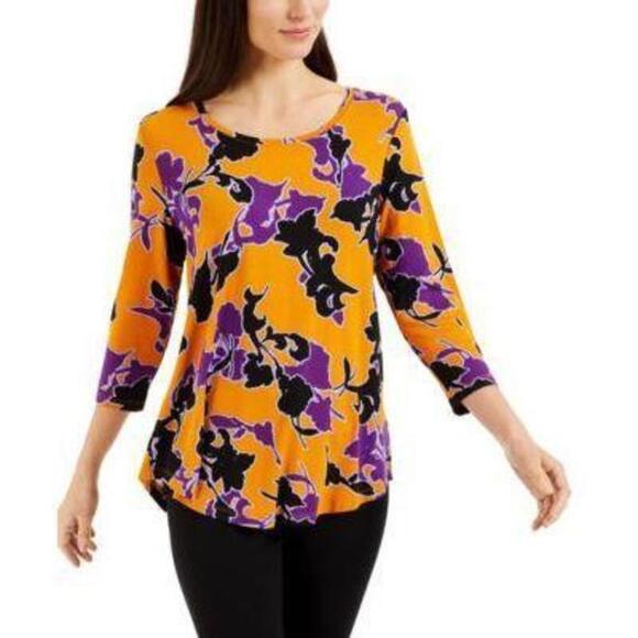 JM Collection Printed 3/4-Sleeve Top Golden Poppy M - Picture 1 of 2